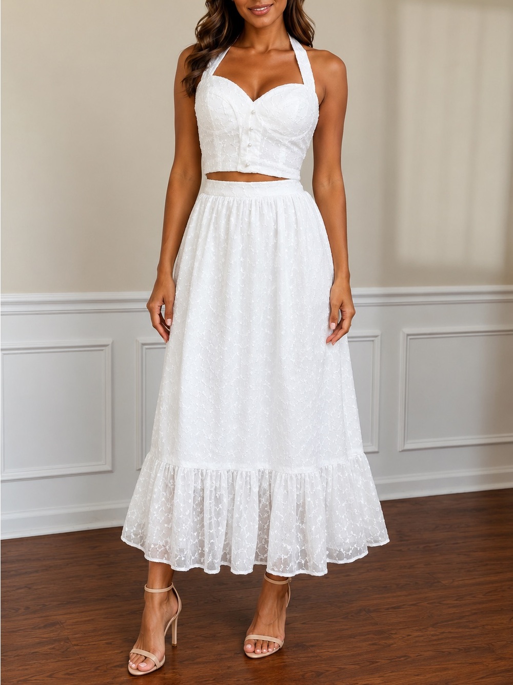 HANDMADE TIFFANYSLABEL SOFT WHITE SET | HALTER CORSET TOP | FLARE SKIRT | SIZE S